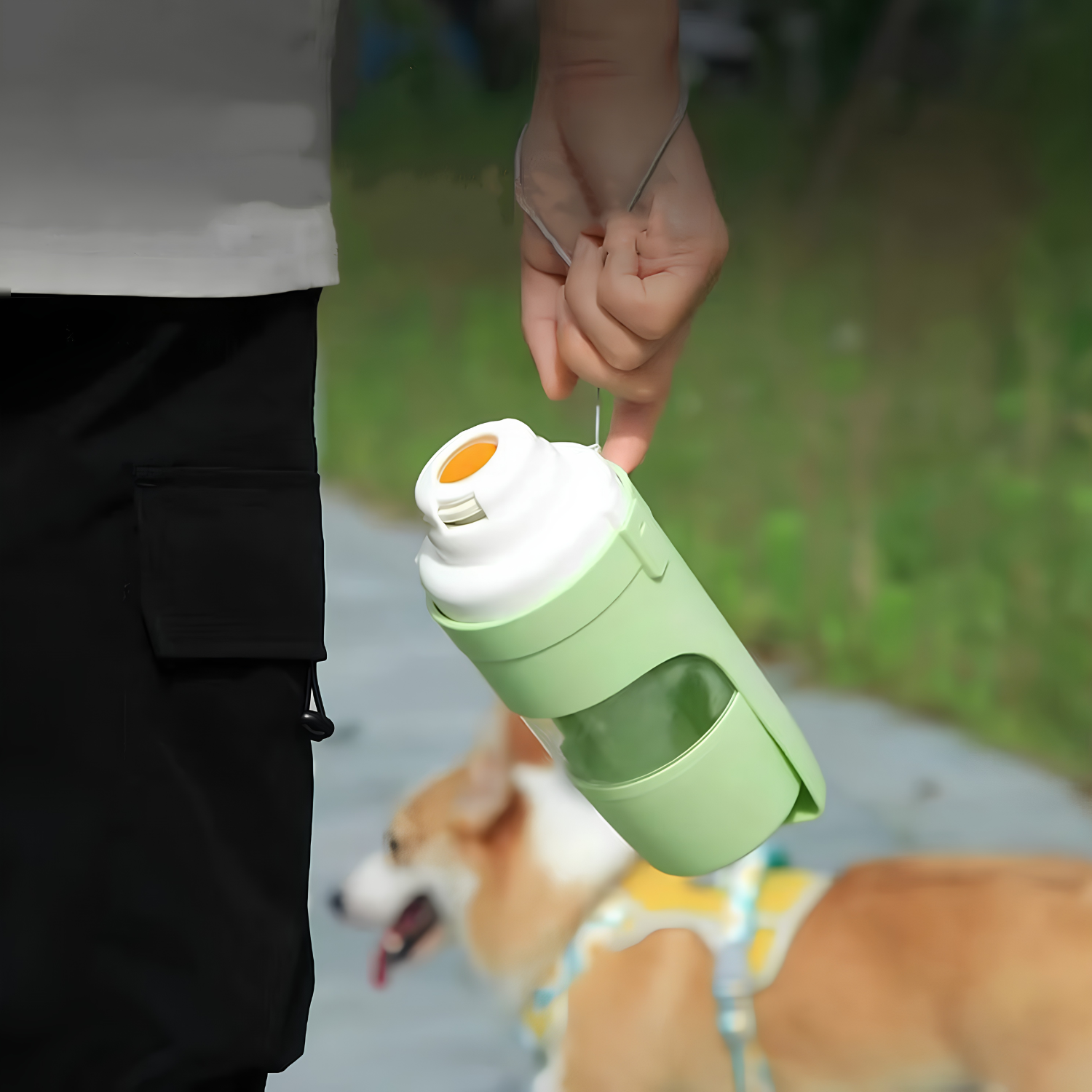 Person carrying the portable dog water bottle by its loop handle on a walk beside a corgi outdoors