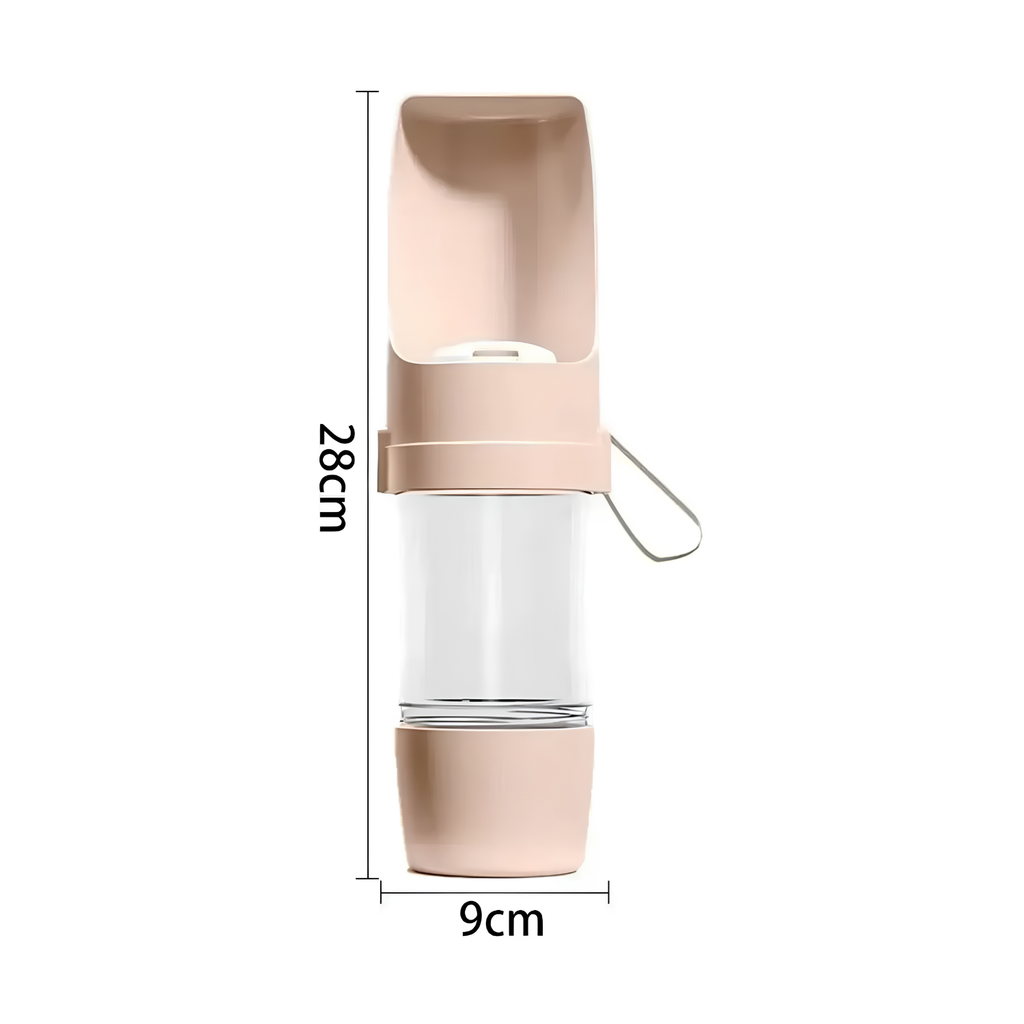 Portable dog water bottle in soft pink standing upright with labeled 28cm height and 9cm width