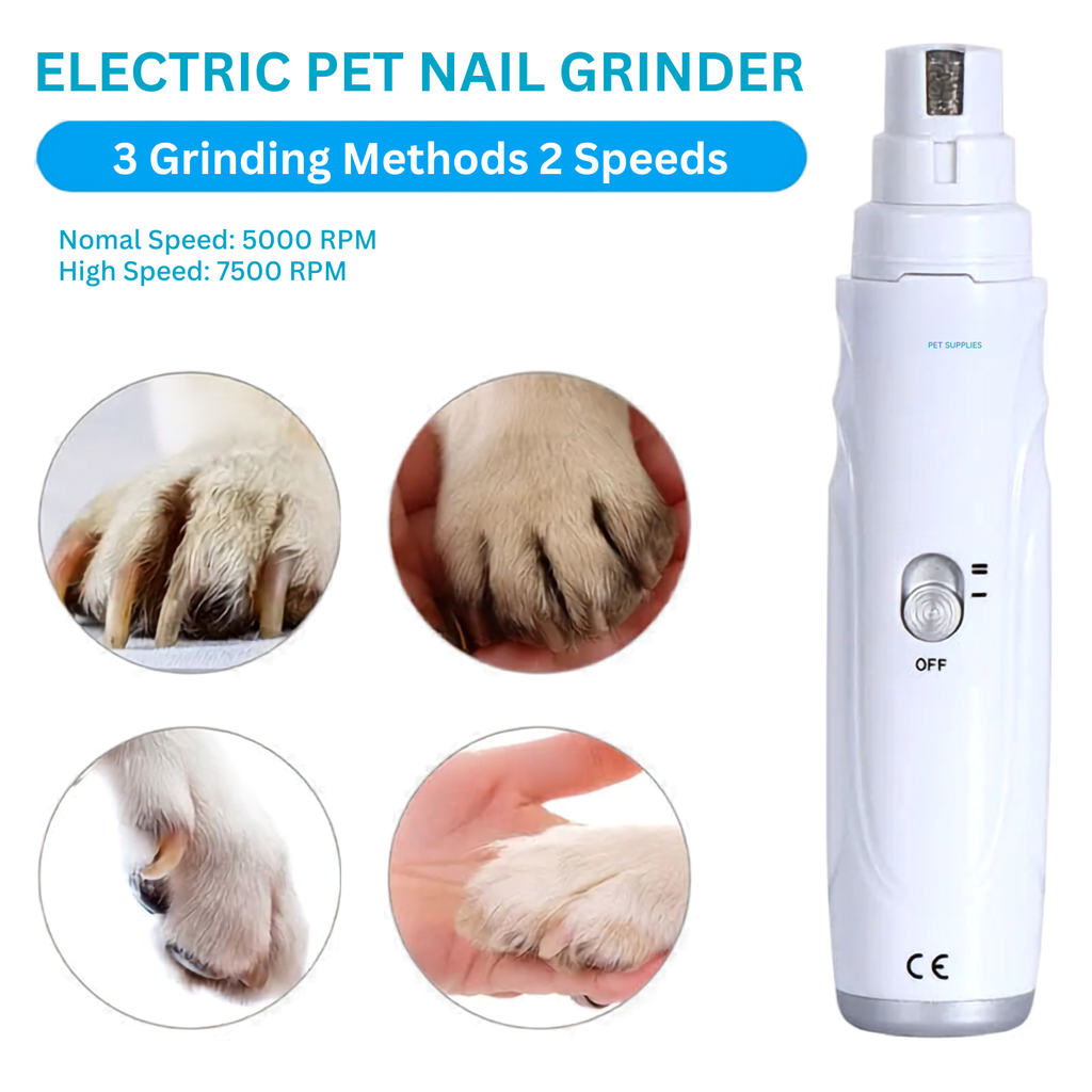 Quiet dog nail grinder speed and RPM settings shown with close-ups of paws being gently filed