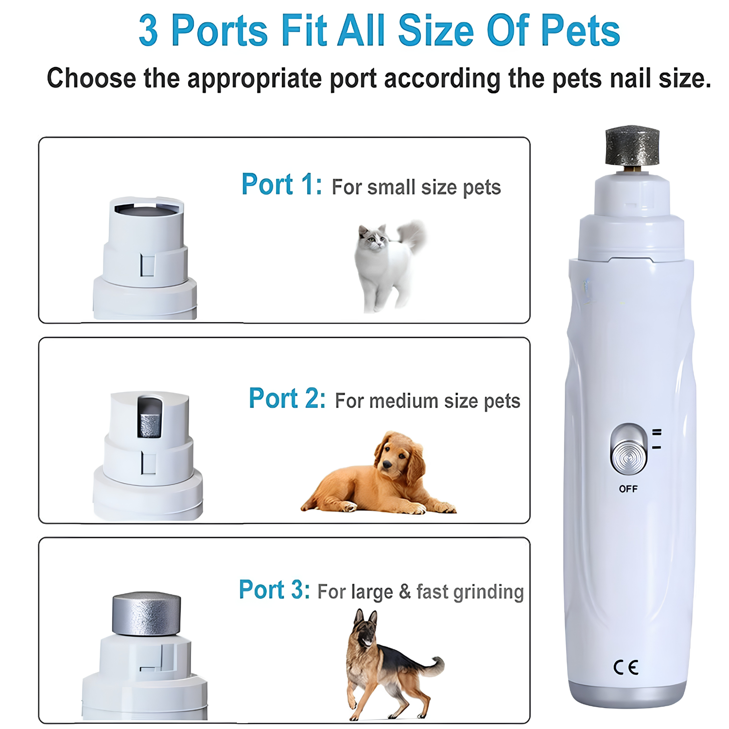 Dog nail grinder with three interchangeable grinding ports for small, medium and large pets