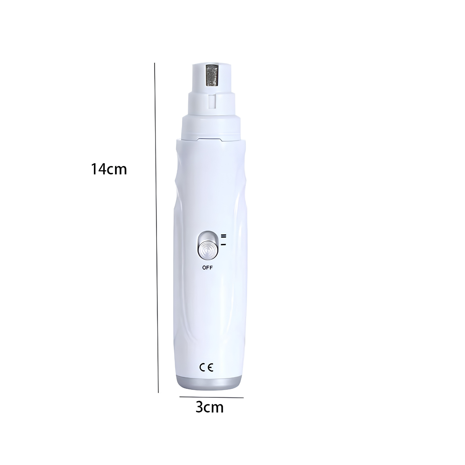 White rechargeable dog nail grinder shown with 14cm by 3cm dimensions and OFF speed dial