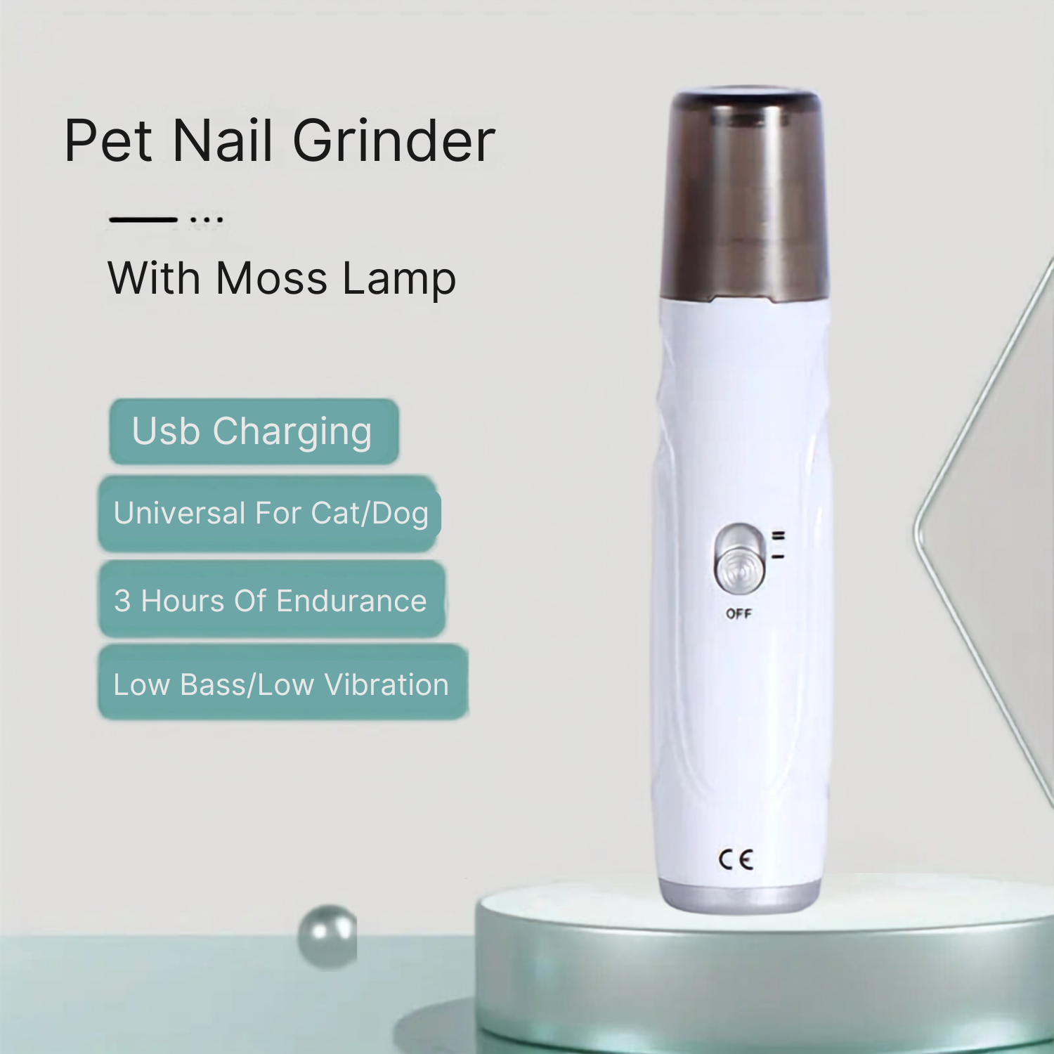 USB rechargeable quiet dog nail grinder on a stand with low-vibration and cat and dog use callouts