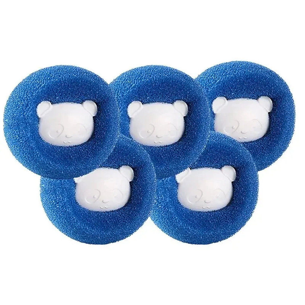 Five blue reusable pet hair remover laundry balls with white bear centers arranged on white
