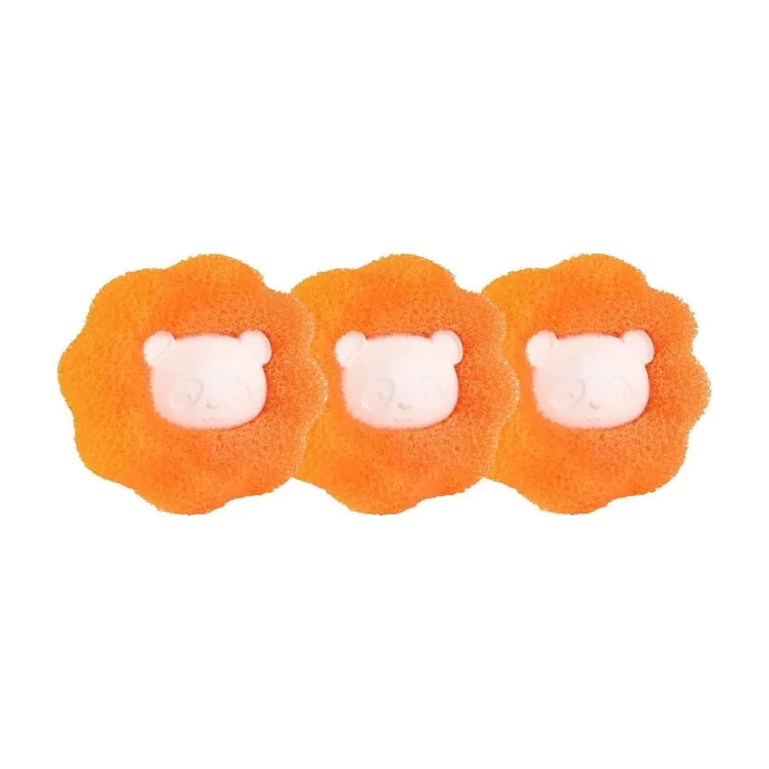 Three orange flower-shaped pet hair remover laundry catchers lined up in a row on white