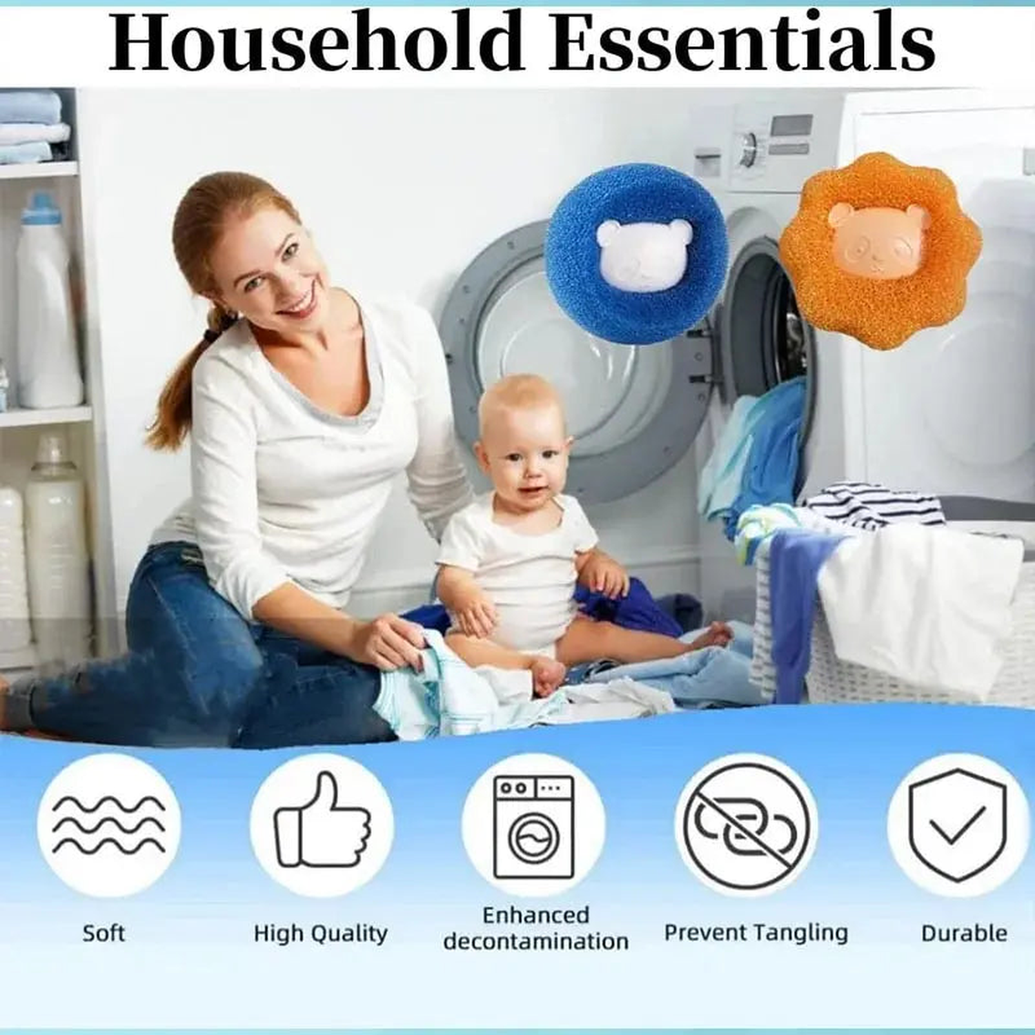 Blue and orange reusable pet hair remover laundry balls beside a woman folding clothes by a washer