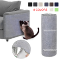 Siamese cat clawing a gray self-adhesive cat scratch furniture protector wrapped on a sofa corner, with color swatches
