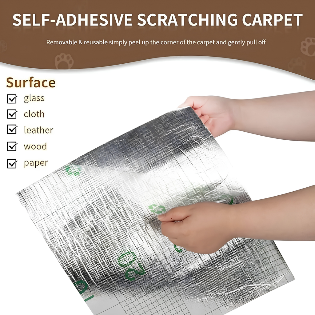 Hands peeling up the adhesive backing of the cat scratch furniture protector, listing glass, cloth, leather, wood surfaces