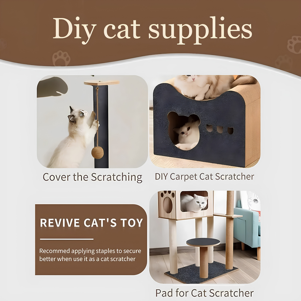 DIY uses for the cat scratch furniture protector covering a post, lining a cat house, and laid flat as a pad