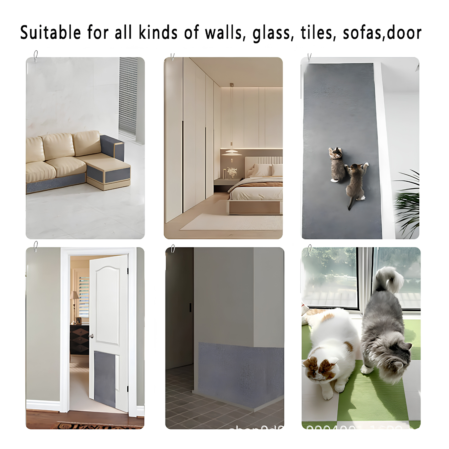 Self-adhesive cat scratch protector applied to sofas, closets, doors, walls and a floor mat in home settings