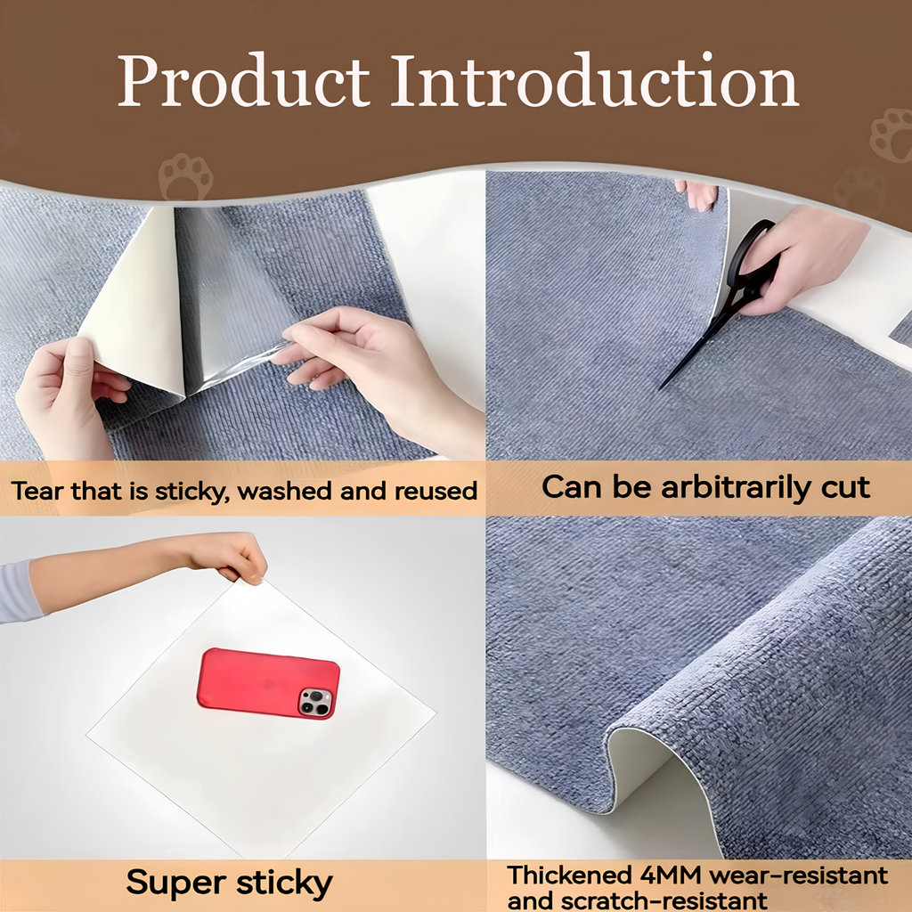 Close-up steps showing the cat scratch furniture protector being peeled, cut with scissors, stuck on, and its thick backing