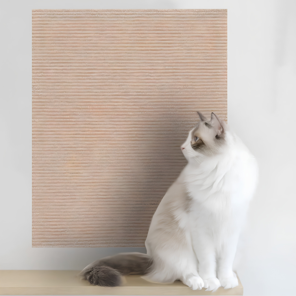White Ragdoll cat beside a beige self-adhesive cat scratch furniture protector mounted on the wall above a shelf