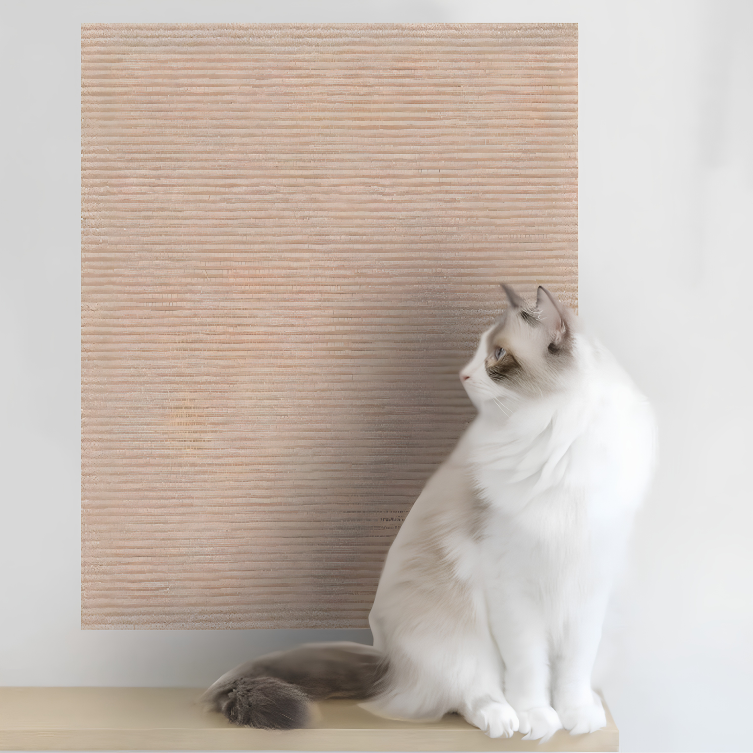White Ragdoll cat beside a beige self-adhesive cat scratch furniture protector mounted on the wall above a shelf