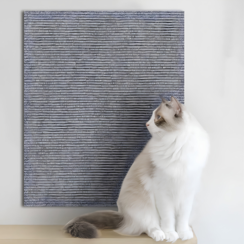 White cat sitting next to a light gray cat scratch furniture protector panel fixed to the wall