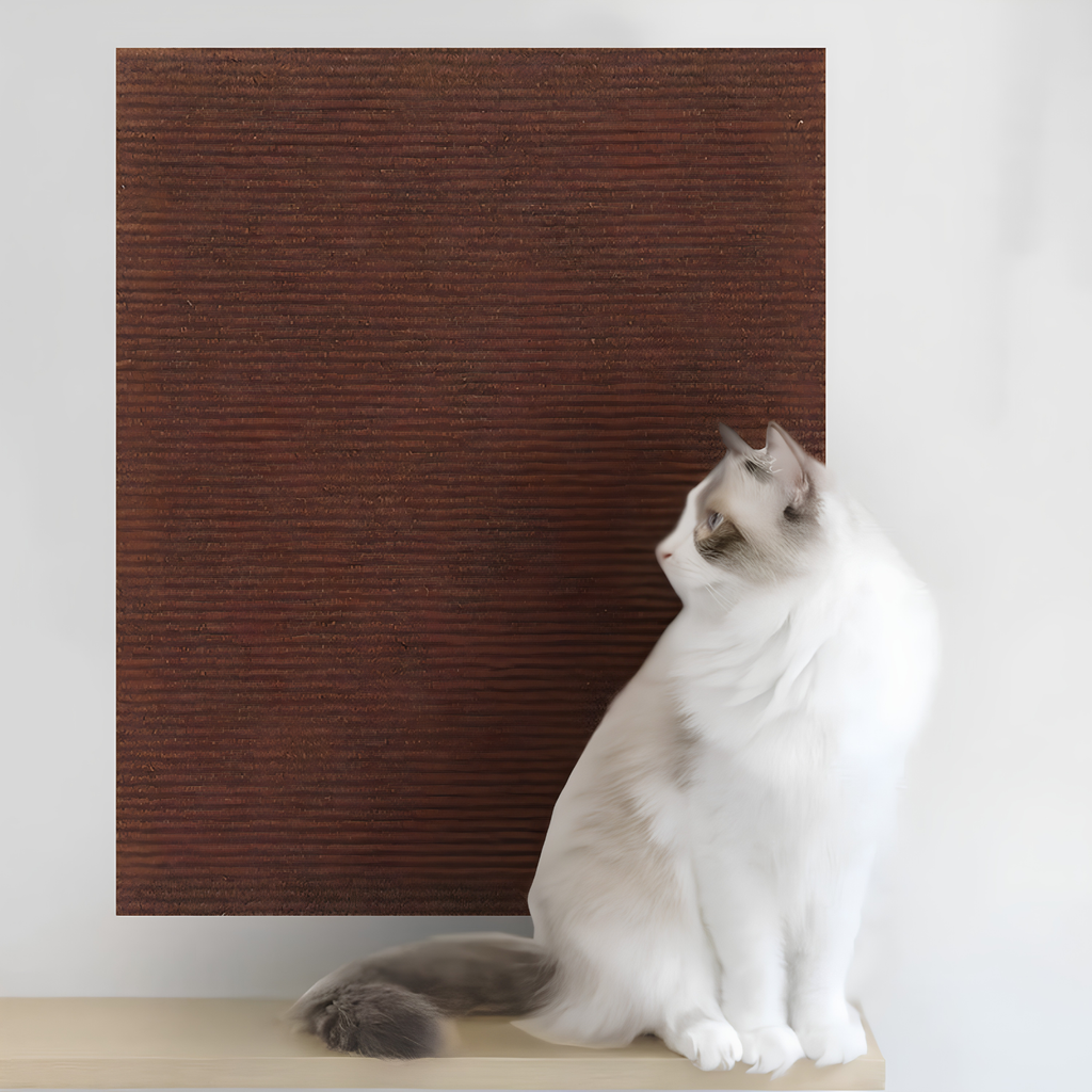 Ragdoll cat beside a dark brown self-adhesive cat scratch furniture protector mounted on the wall