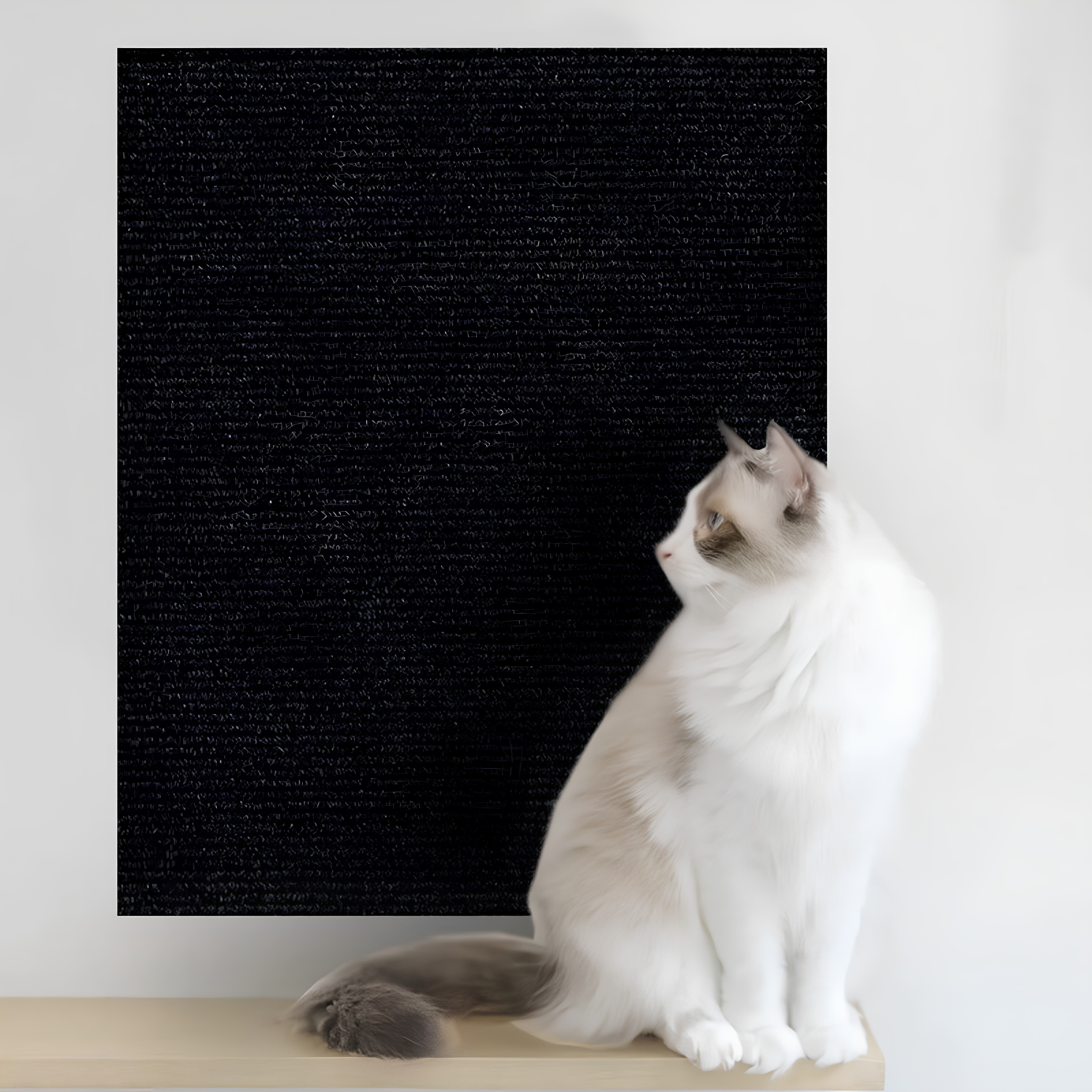 White cat next to a black cat scratch furniture protector panel adhered to the wall above a wood shelf