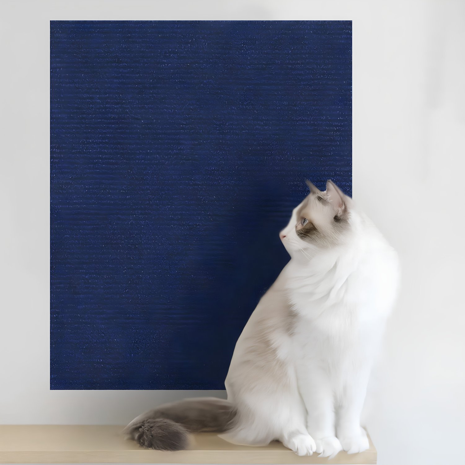 Ragdoll cat sitting beside a navy blue self-adhesive cat scratch furniture protector on the wall