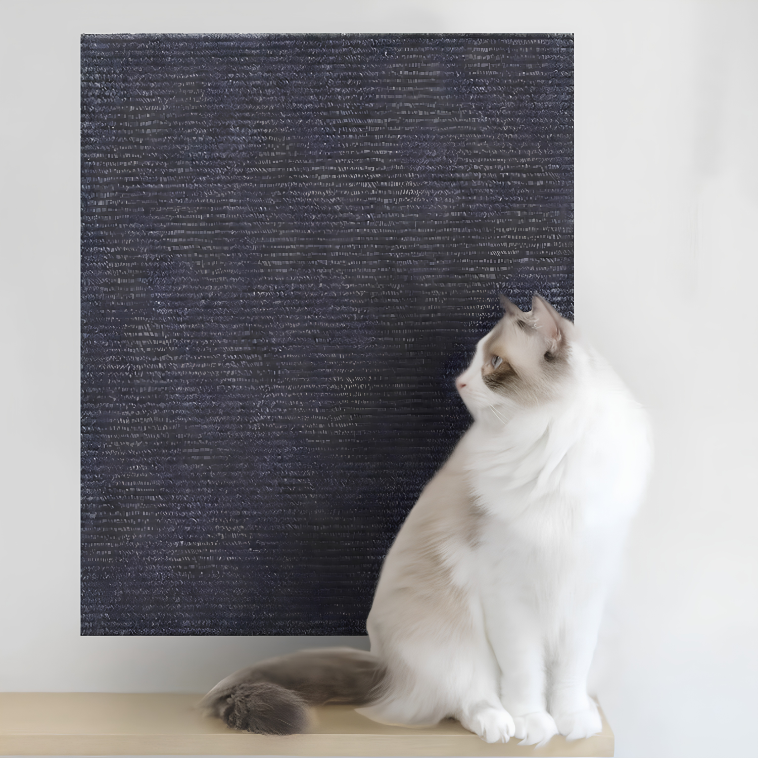 White cat next to a dark charcoal gray cat scratch furniture protector mounted flat on the wall