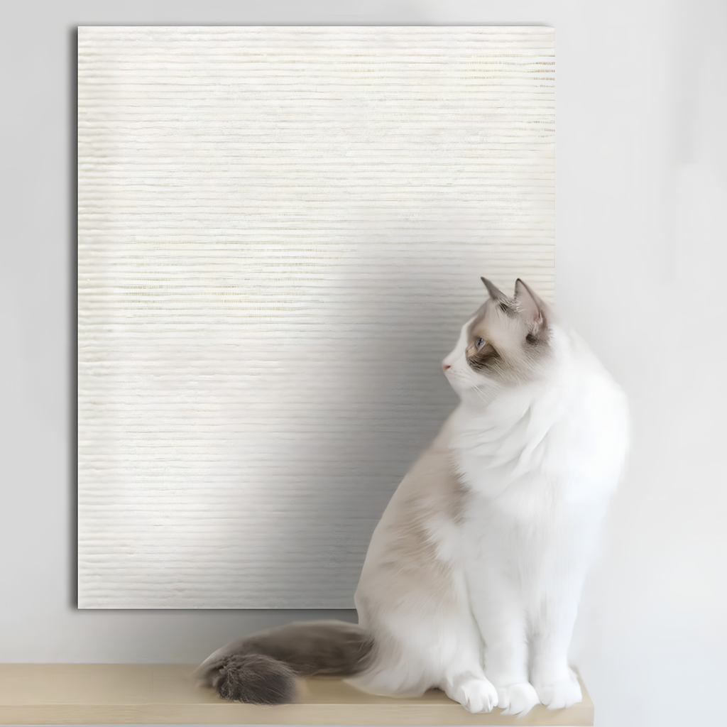 Ragdoll cat beside a cream off-white self-adhesive cat scratch furniture protector on the wall