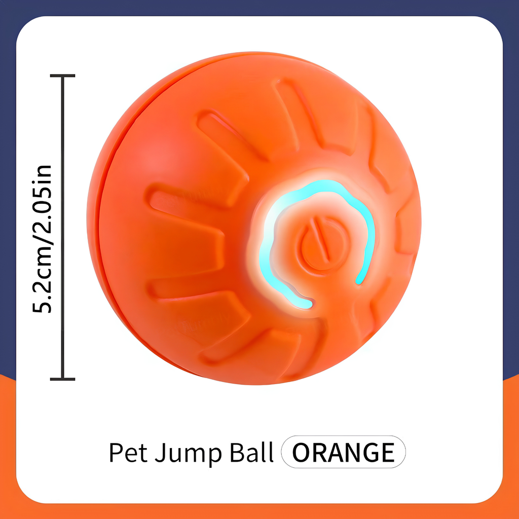 Orange self moving pet ball with glowing power button, sized 5.2 cm, on a clean white studio background