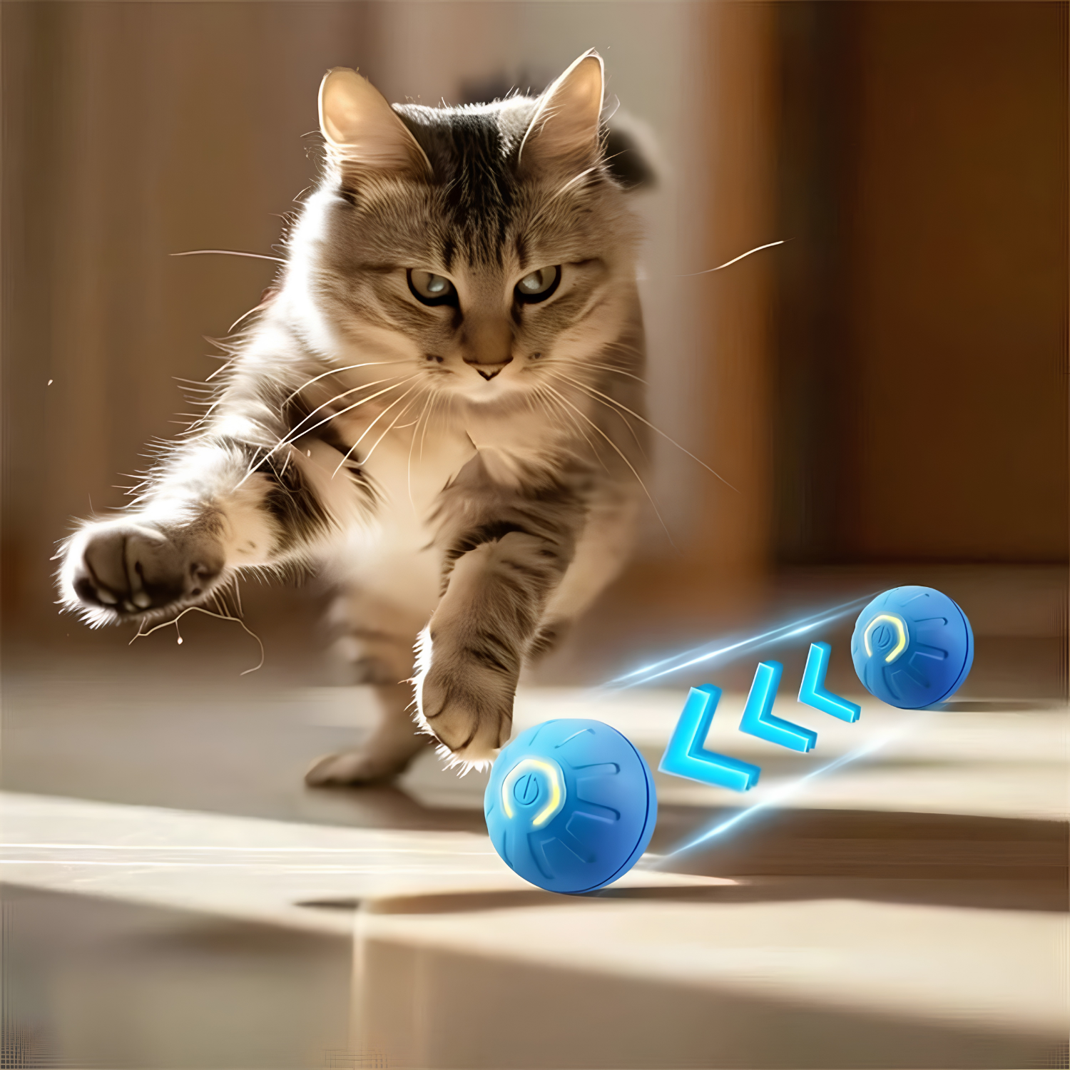 Tabby cat mid-pounce chasing a blue self moving pet ball as it speeds across a sunlit floor