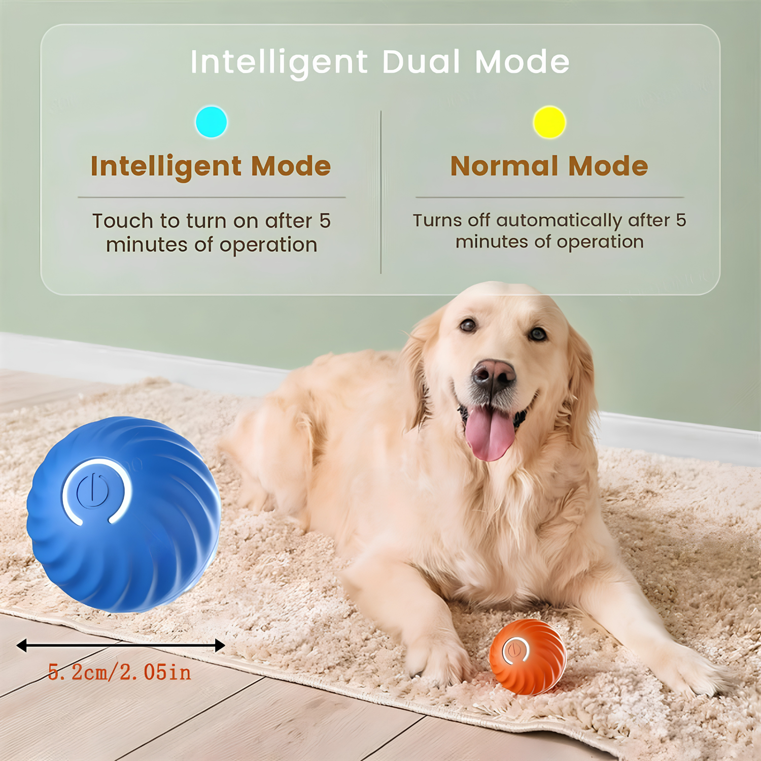 Golden retriever resting on a rug beside blue and orange self moving pet balls in dual play modes