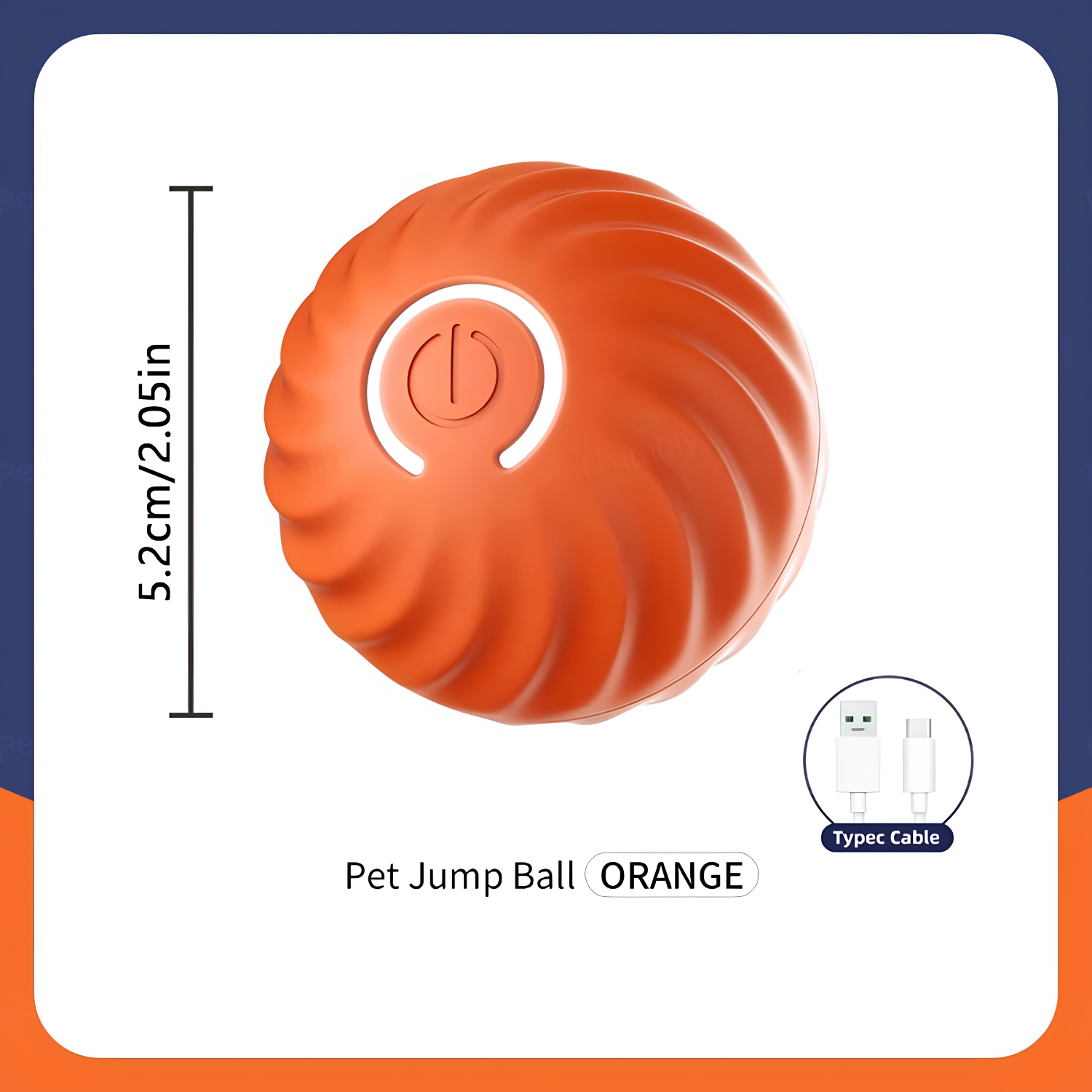 Orange self moving pet ball shown with its USB Type-C charging cable and 5.2 cm size guide