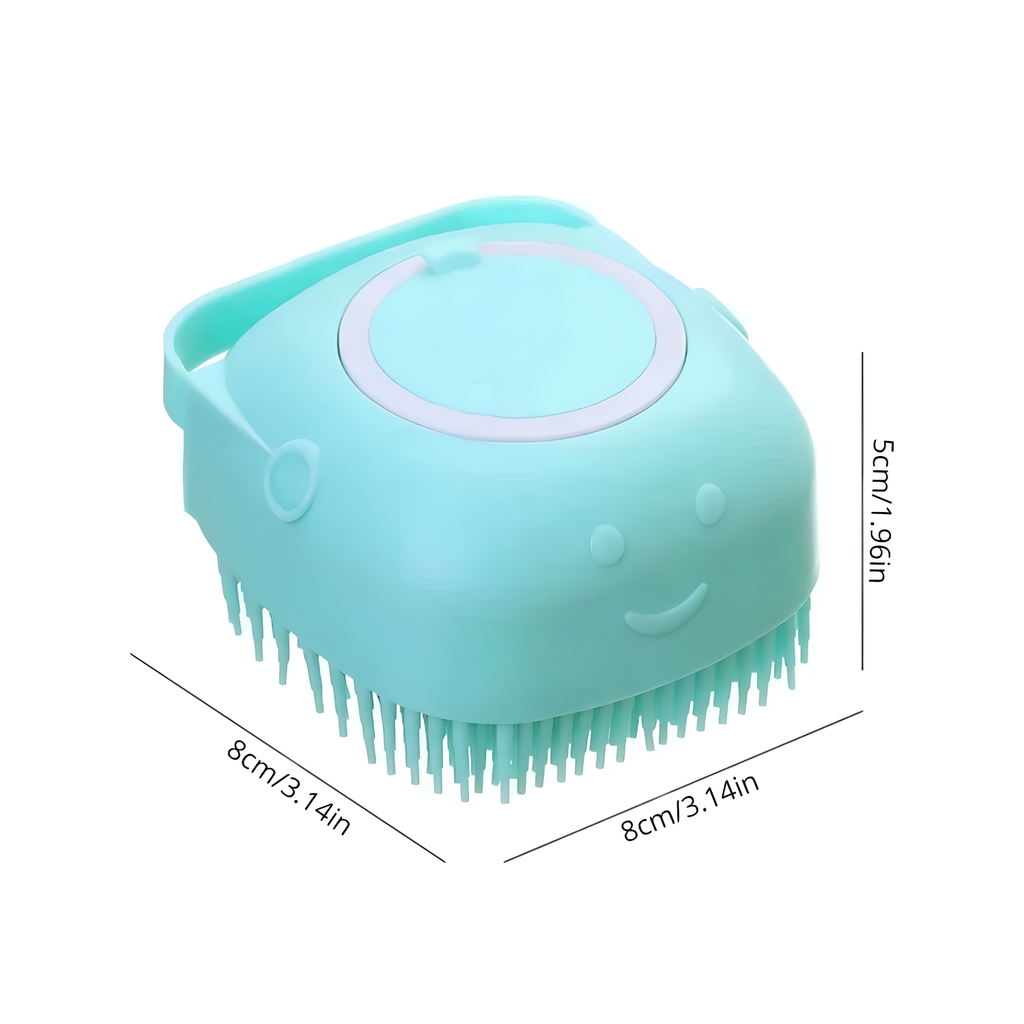 Mint silicone dog bath brush with soap dispenser and soft bristles, sizing 8cm square, 5cm tall