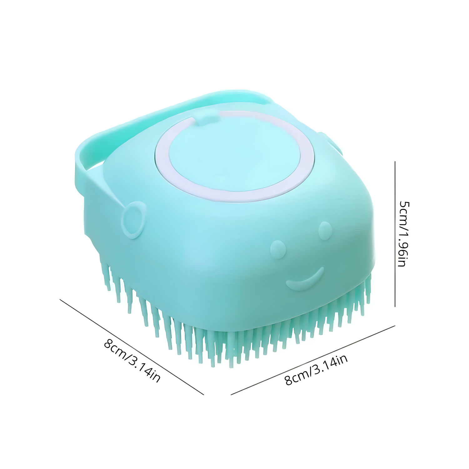 Mint silicone dog bath brush with soap dispenser and soft bristles, sizing 8cm square, 5cm tall