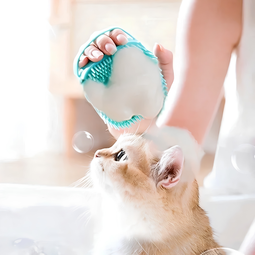 Lathered silicone dog bath brush in hand above a curious ginger cat at bath time