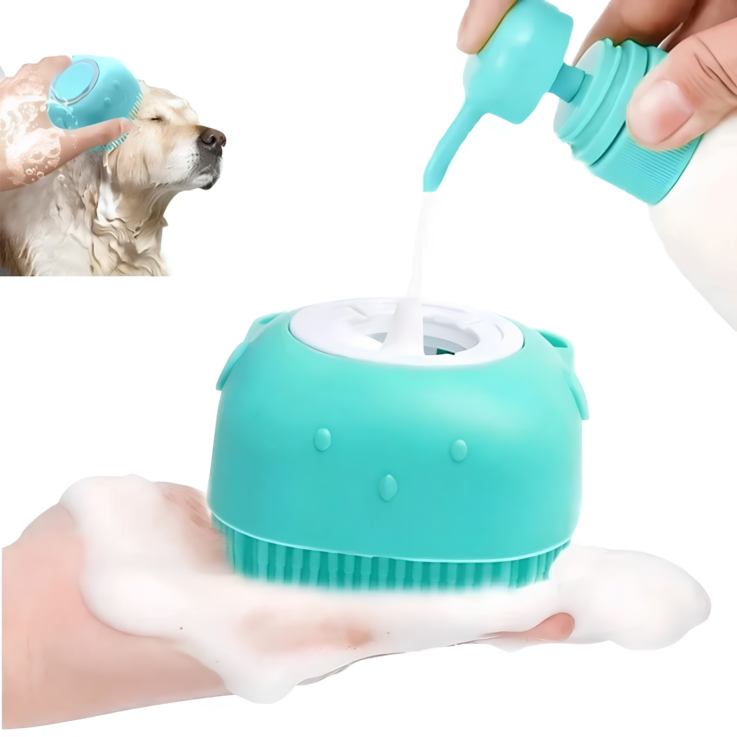Refilling the silicone dog bath brush soap dispenser with shampoo, inset of a sudsy dog