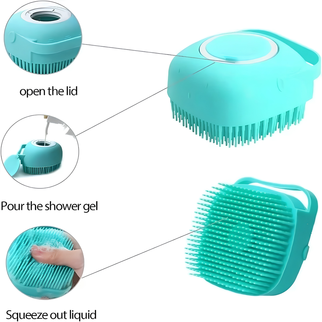 Steps to open lid, pour shower gel, and squeeze liquid through the dog bath brush bristles