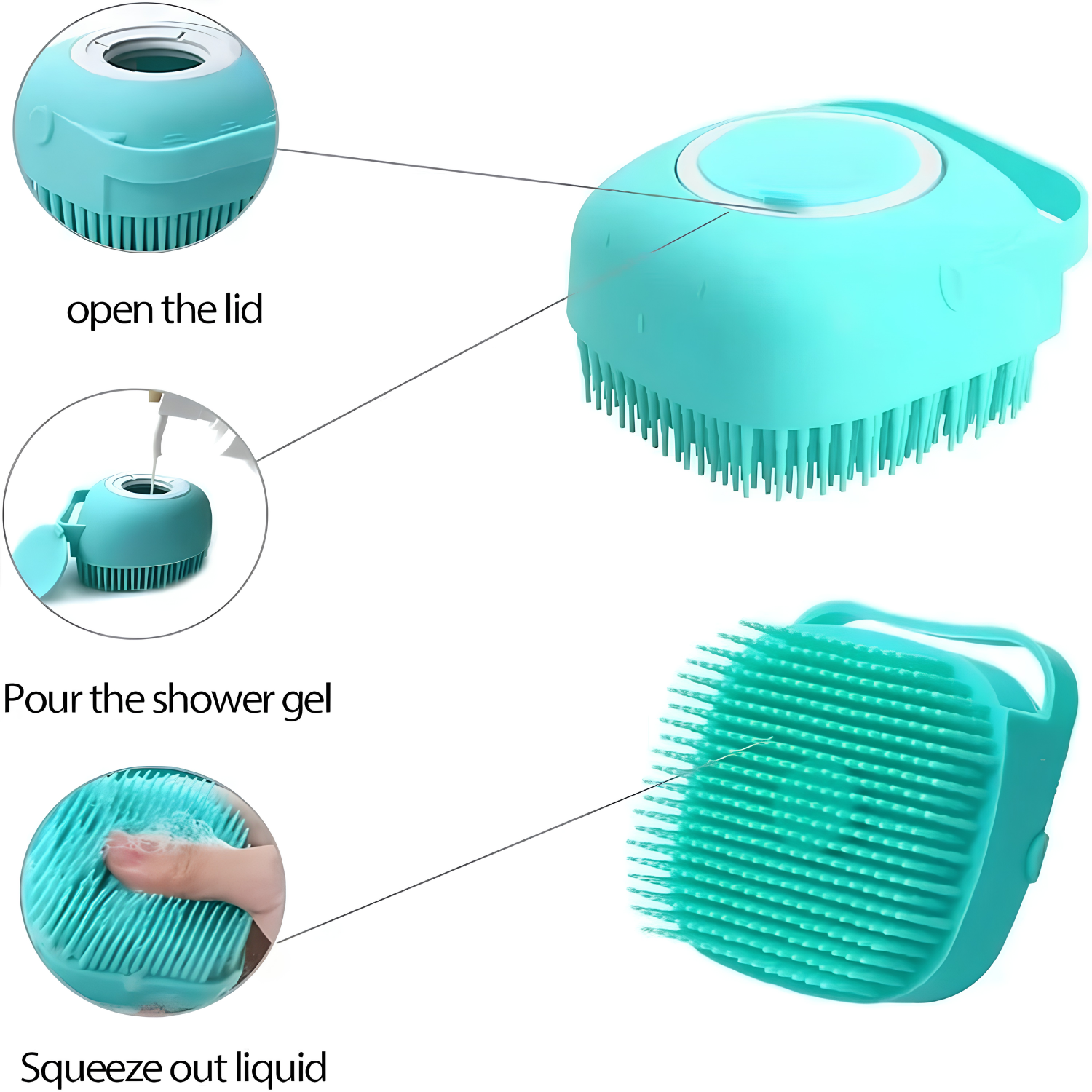 Steps to open lid, pour shower gel, and squeeze liquid through the dog bath brush bristles
