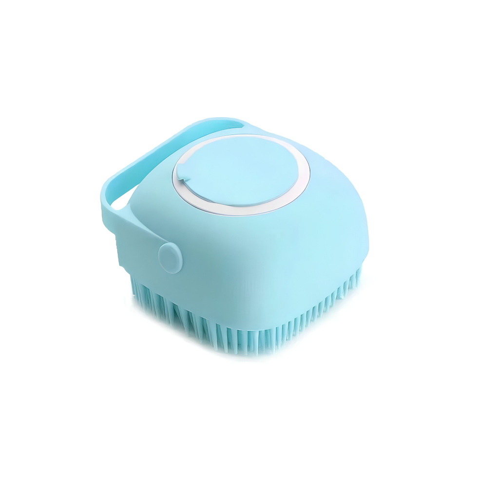 Blue silicone dog bath brush with soap dispenser, top fill lid and looped handle