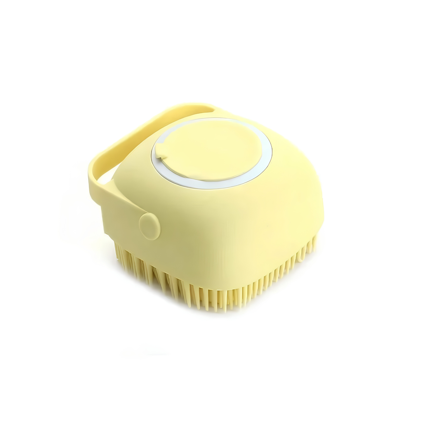 Yellow silicone dog bath brush with soap dispenser, looped handle and flexible bristles
