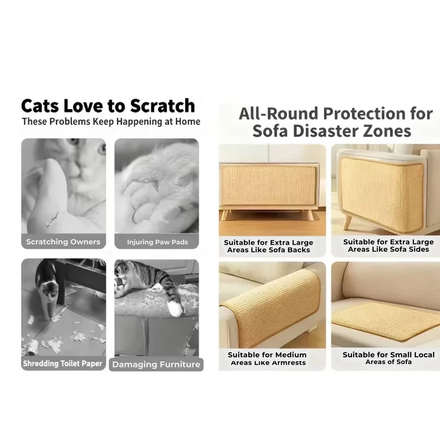 Infographic showing common cat scratching damage and how a sisal cat scratching post protects sofa backs, sides, armrests and corners