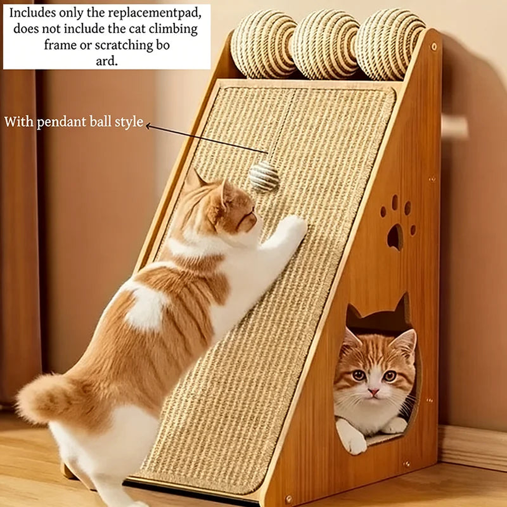 Orange and white cat clawing the angled sisal cat scratching post while batting the hanging ball, with a second cat in the base cave