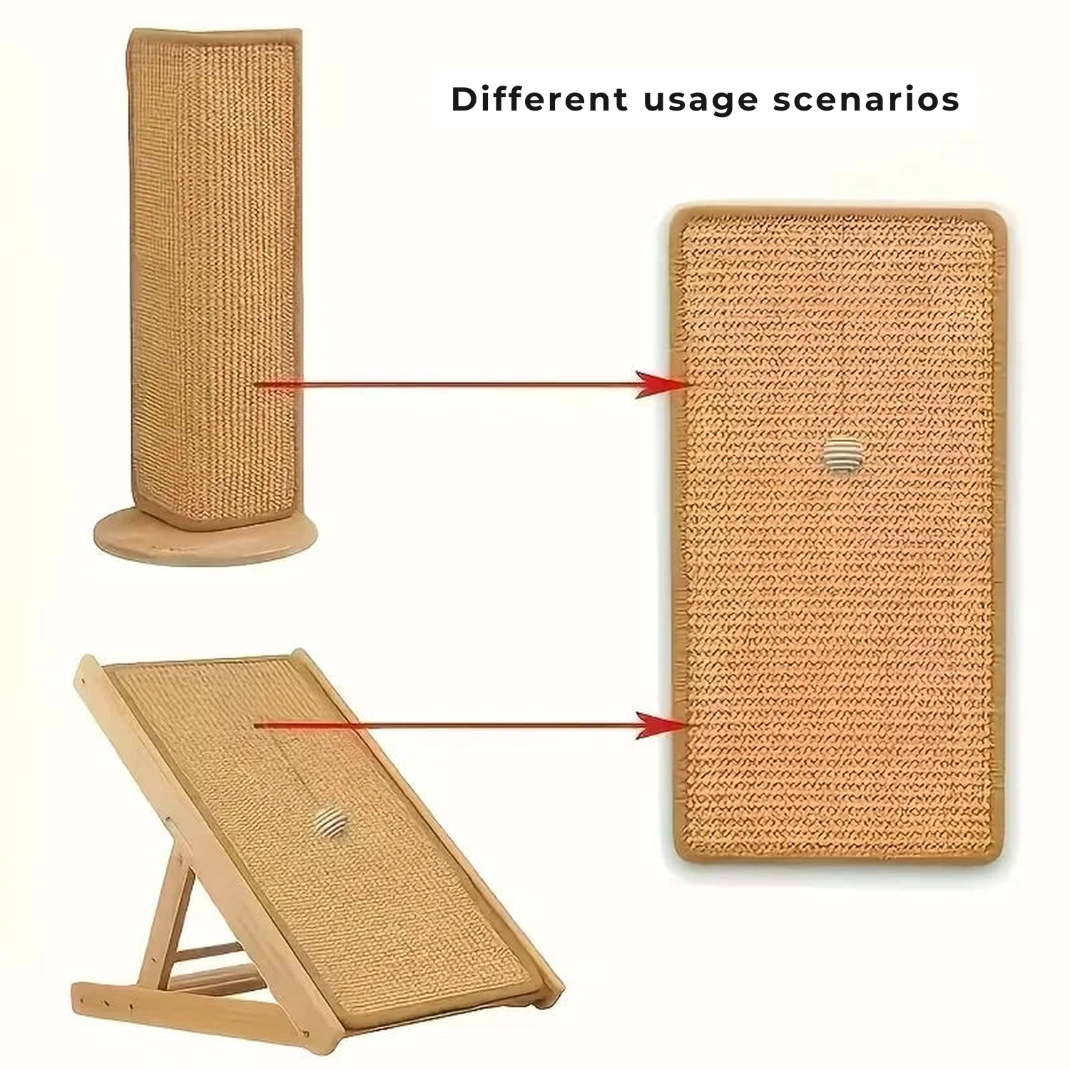 Different setups for the sisal cat scratching post pad: upright on a corner stand and mounted on a folding A-frame