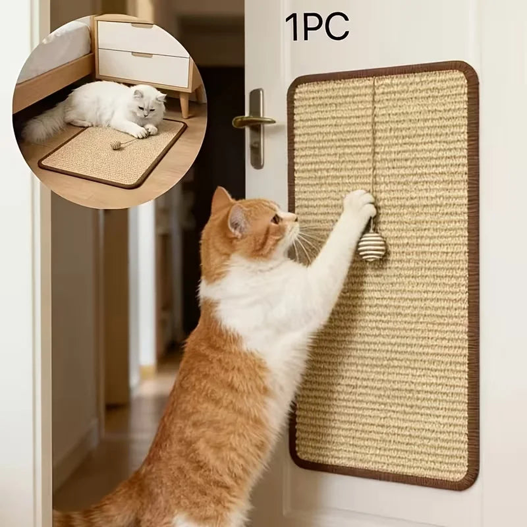 Orange and white cat reaching up to scratch a sisal cat scratching post mounted on a door beside the handle, batting the hanging ball