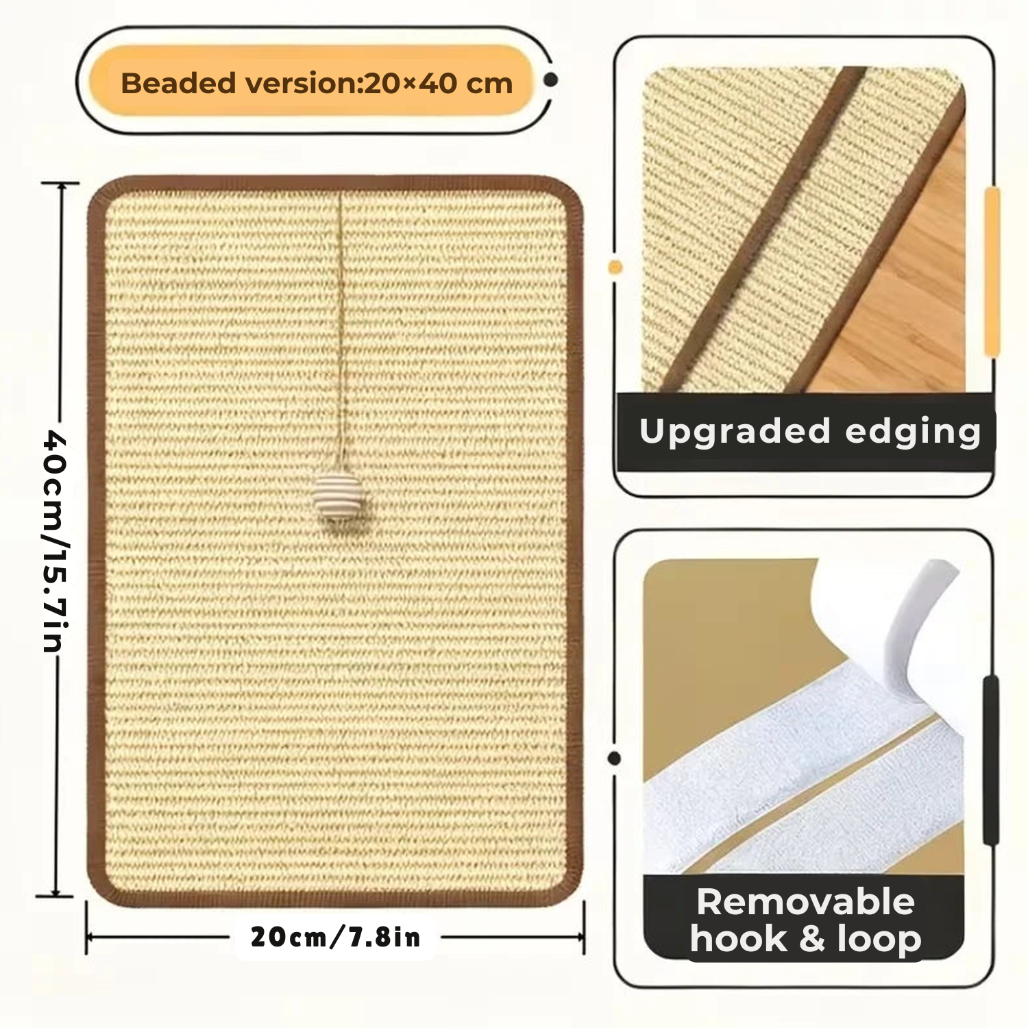 Diagram of the beaded sisal cat scratching post pad with 20x40 cm size, reinforced edging and removable hook-and-loop strap