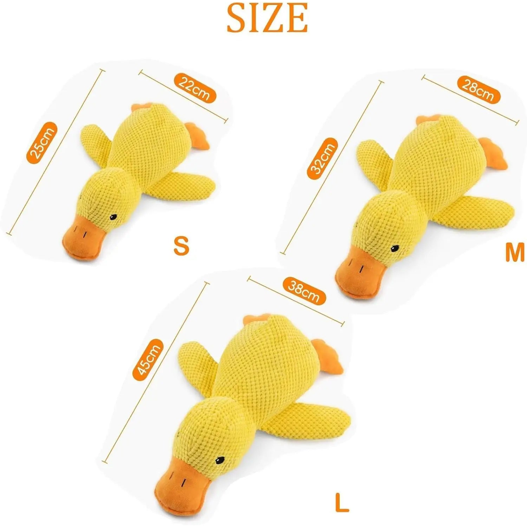 Squeaky duck dog toy size chart comparing small, medium and large in centimeters