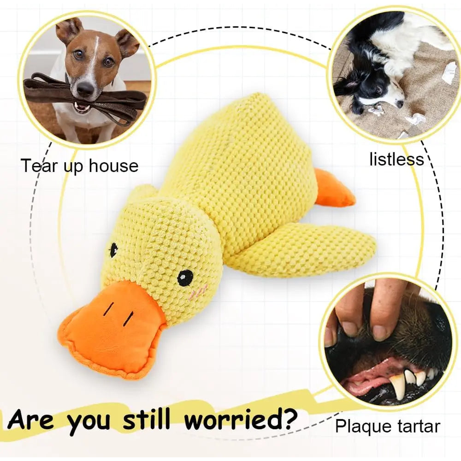 Yellow plush squeaky duck dog toy shown with common chewing and dental problem callouts