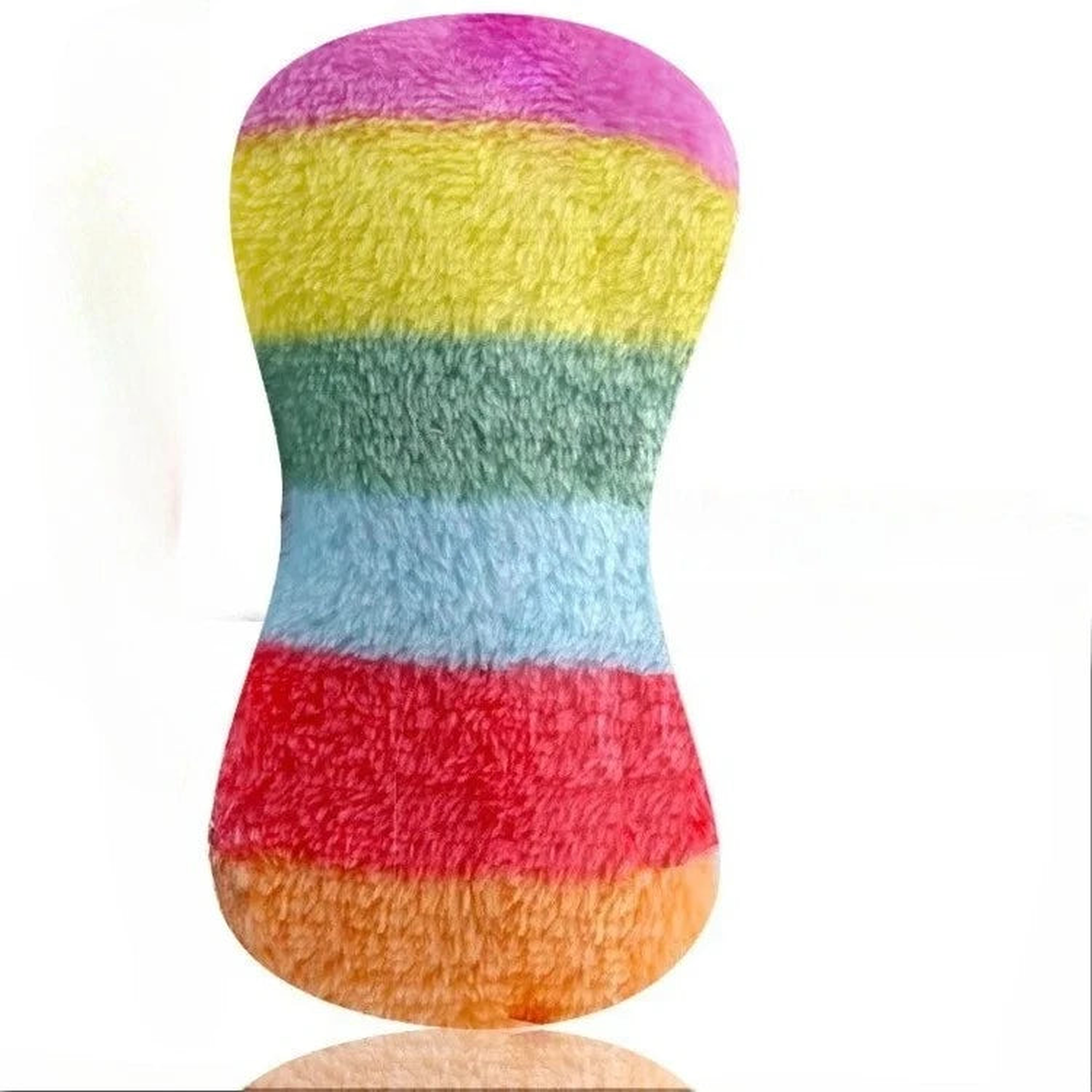 Rainbow striped plush squeaker toy standing upright against a plain background