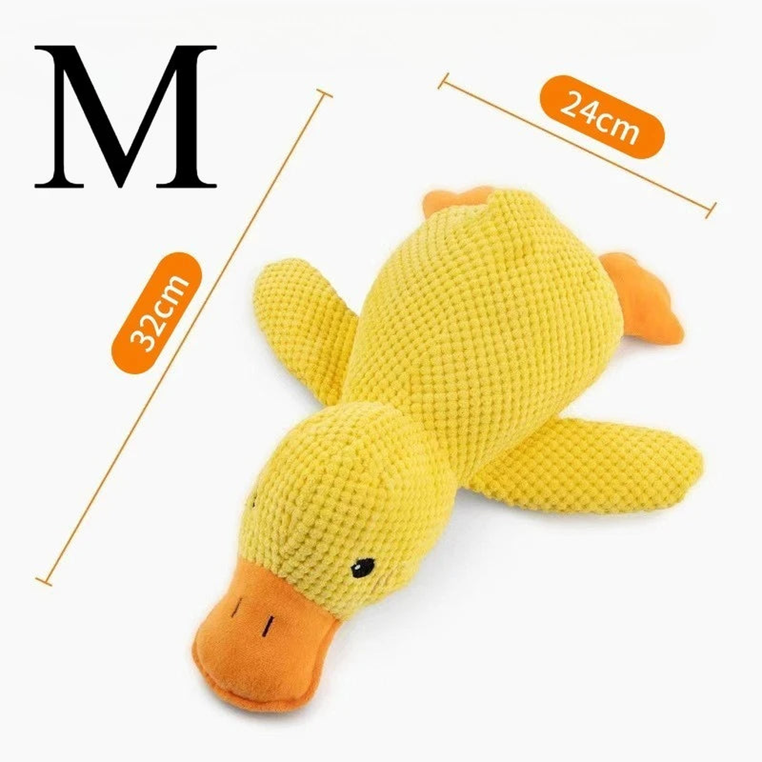 Medium yellow squeaky duck dog toy with 32cm by 24cm dimensions labeled