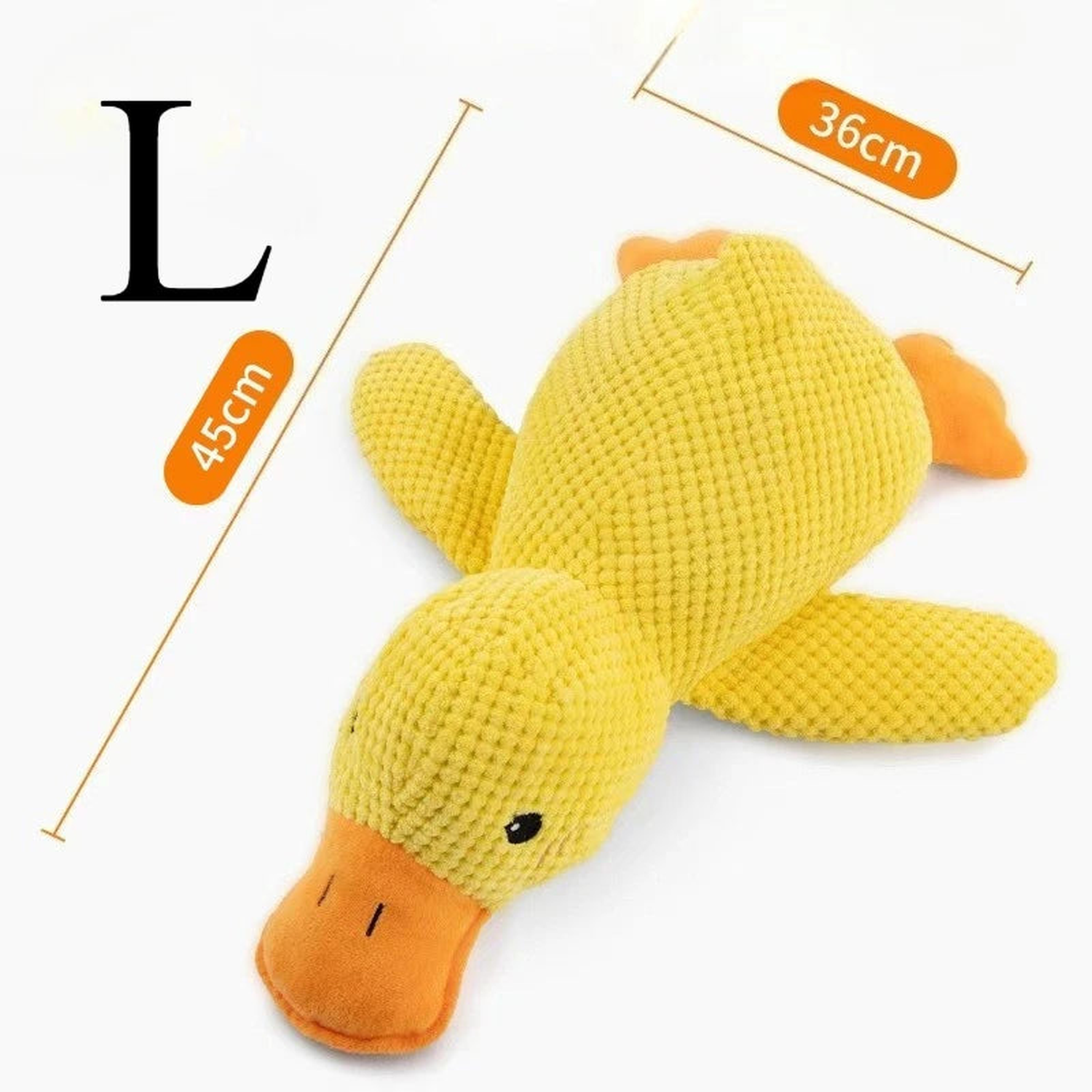 Large yellow squeaky duck dog toy with 45cm by 36cm dimensions labeled