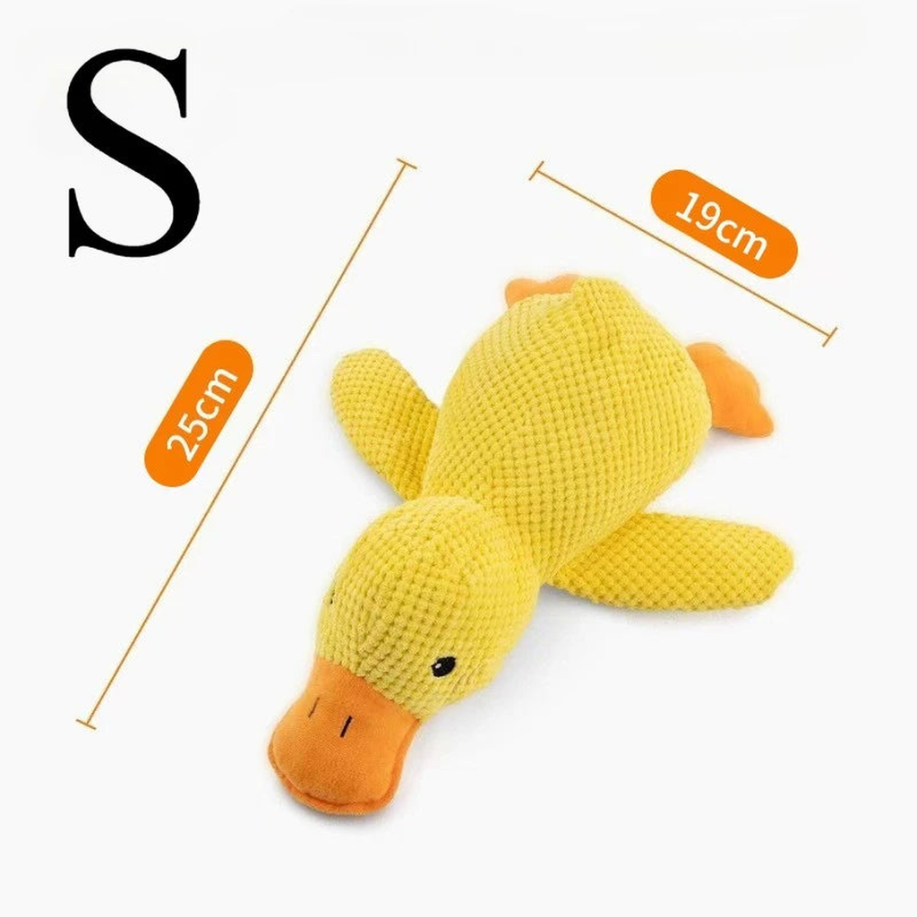 Small yellow squeaky duck dog toy with 25cm by 19cm dimensions labeled