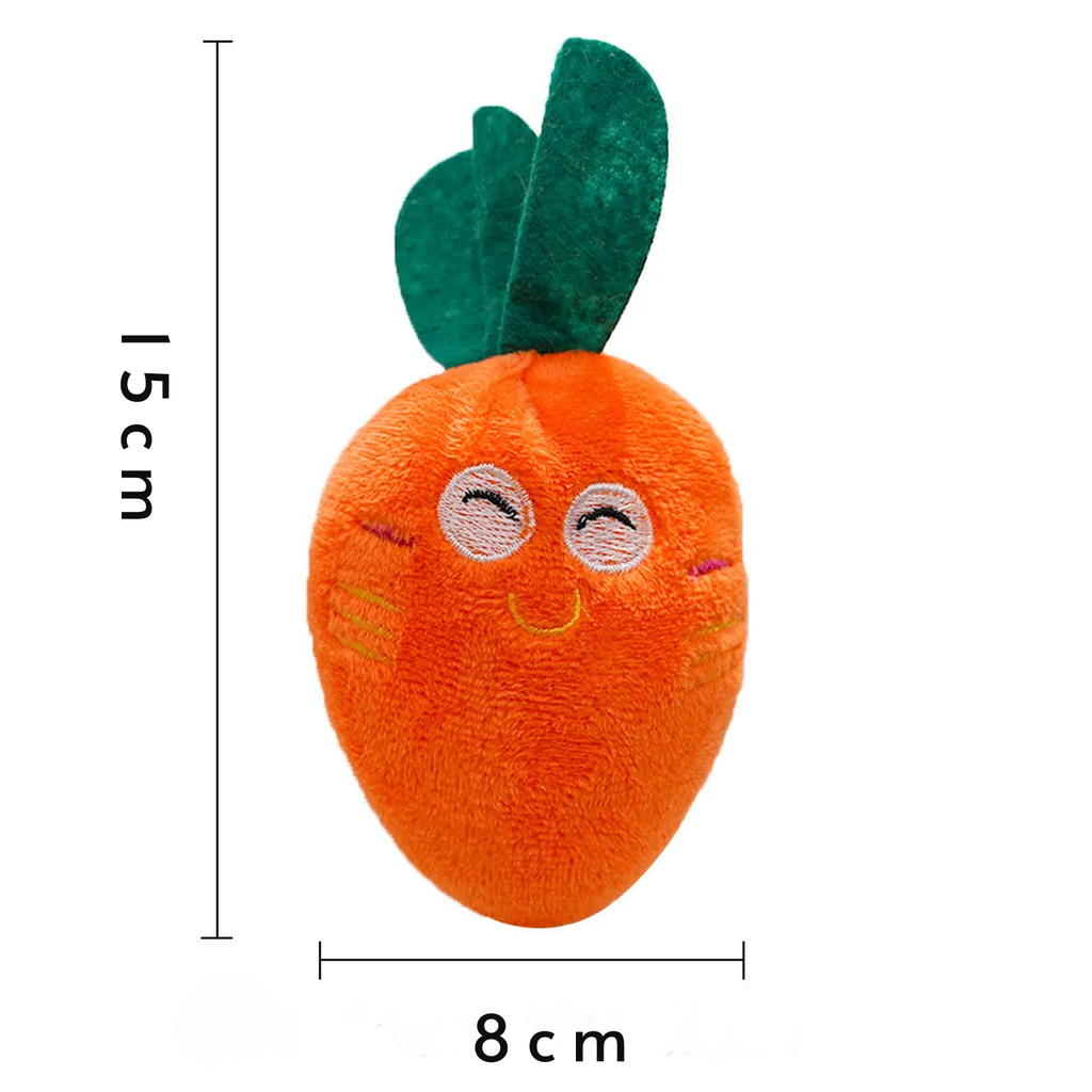 Orange carrot plush squeaker toy with embroidered face and 15cm by 8cm size